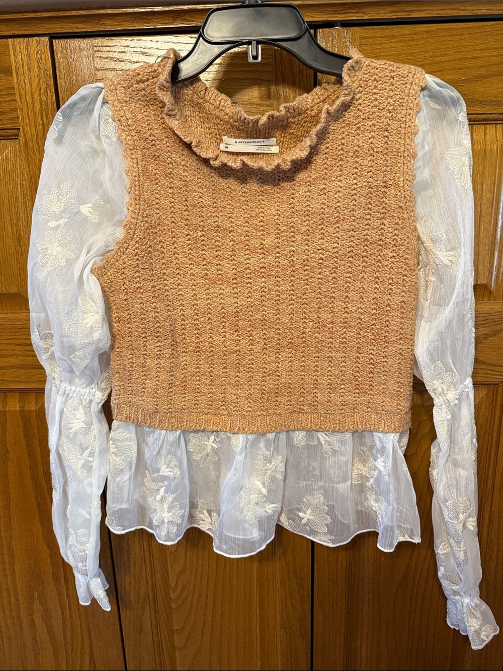 Anthropologie Tan Textured Knit Crop Vest w/White Sheer Embroidered Blouse-XXS